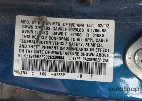 2012 Honda Civic Ex-L from USA, damaged, VIN 19XFB2F93CE339904